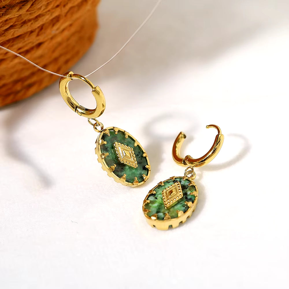 18K Gold Plated Natural Stone Stainless Steel Drop Earrings for Women Green African Turquoise Charm Vintage Jewelry