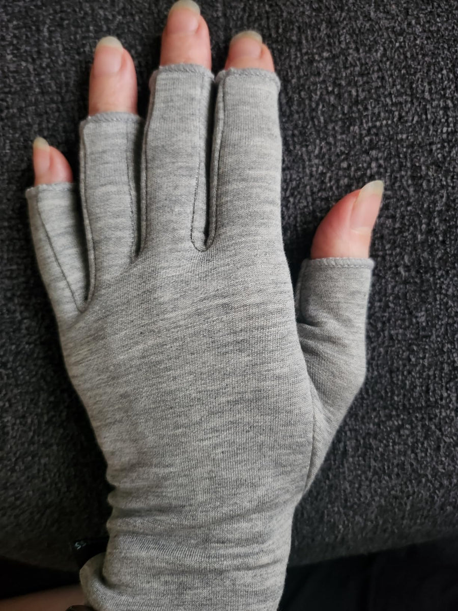 Customer wearing gray compression gloves