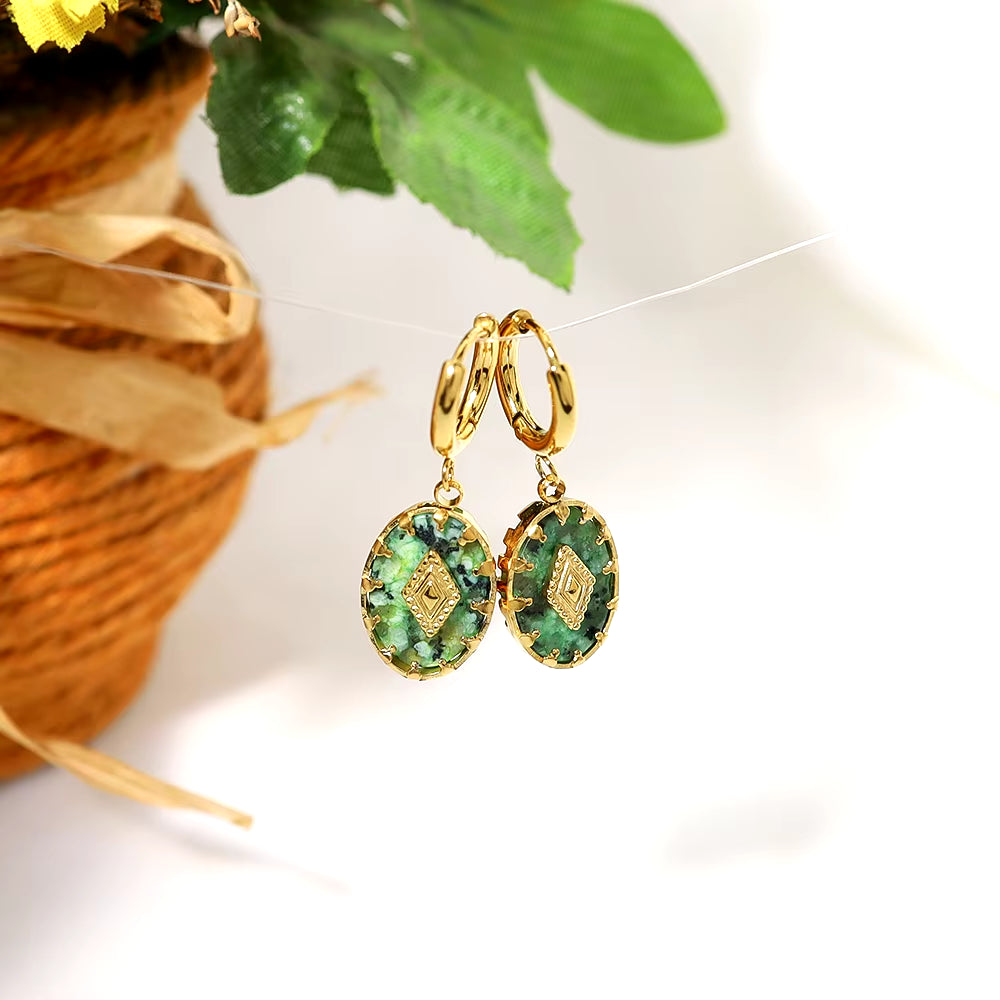 18K Gold Plated Natural Stone Stainless Steel Drop Earrings for Women Green African Turquoise Charm Vintage Jewelry