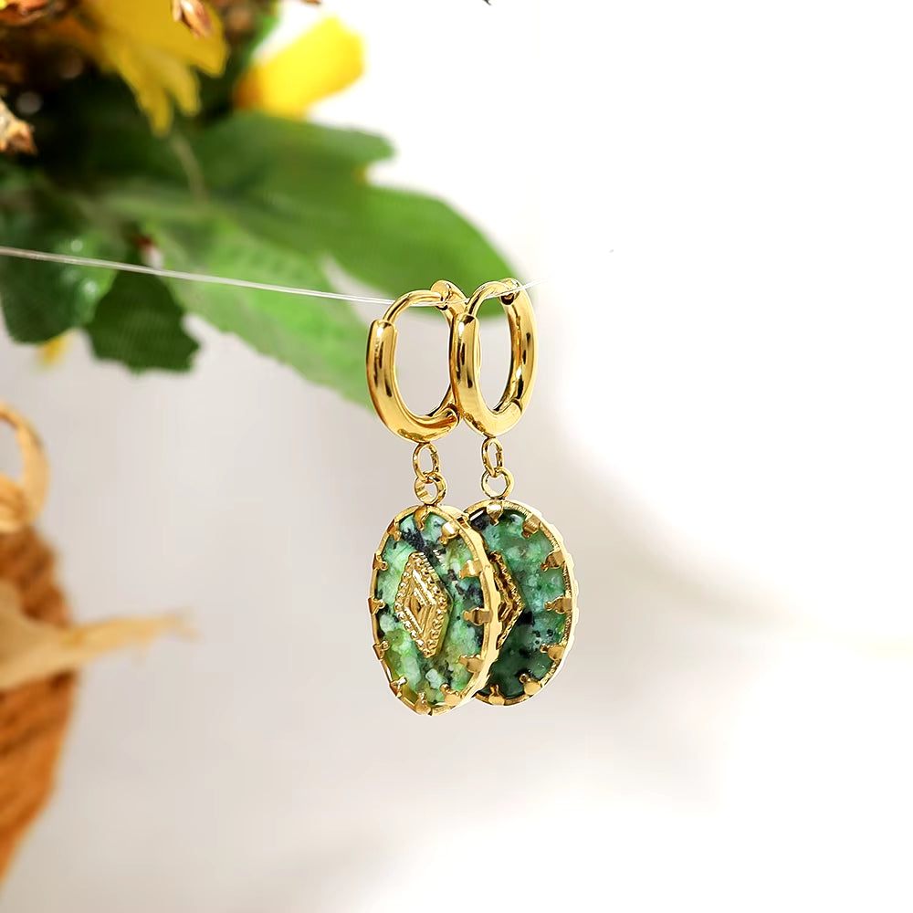 18K Gold Plated Natural Stone Stainless Steel Drop Earrings for Women Green African Turquoise Charm Vintage Jewelry