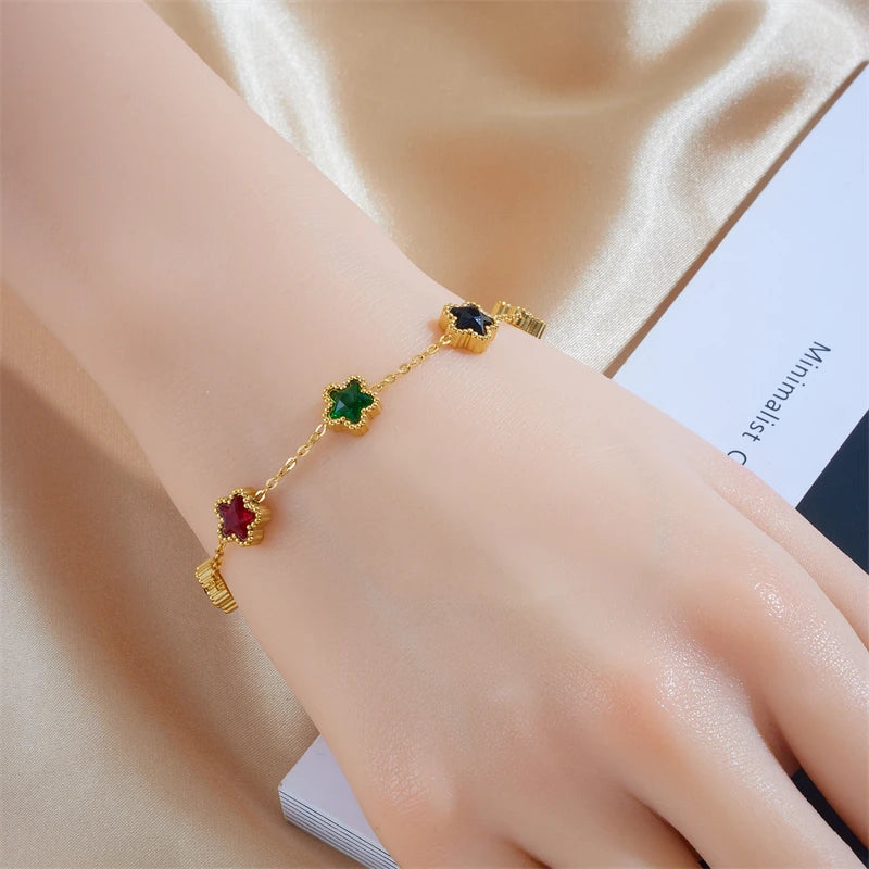 DIEYURO 316L Stainless Steel Star Multicolor Zirconia Bracelet for Women Fashion Waterproof Wrist Chain Jewelry Gift Bijoux