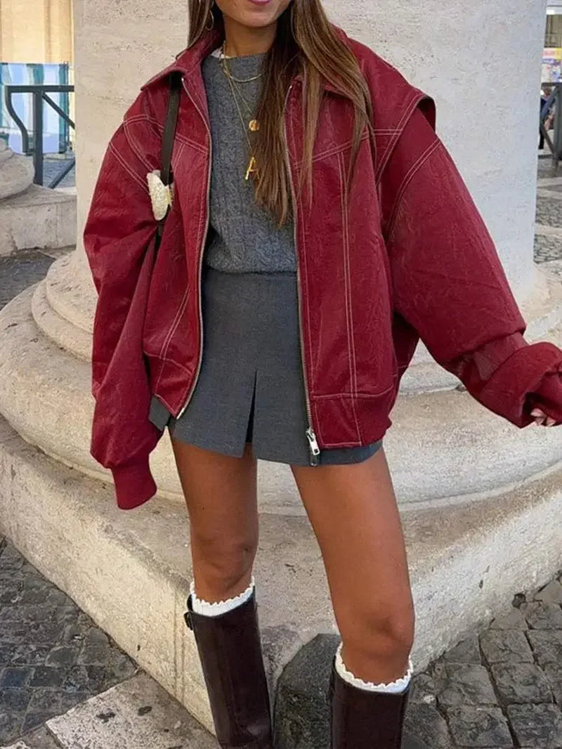 Fashion Patchwork Lapel Long Sleeve Coats Vintage Red Zipper Leather Jacket for Women 2024 Autumn Winter Female Casual Outerwear