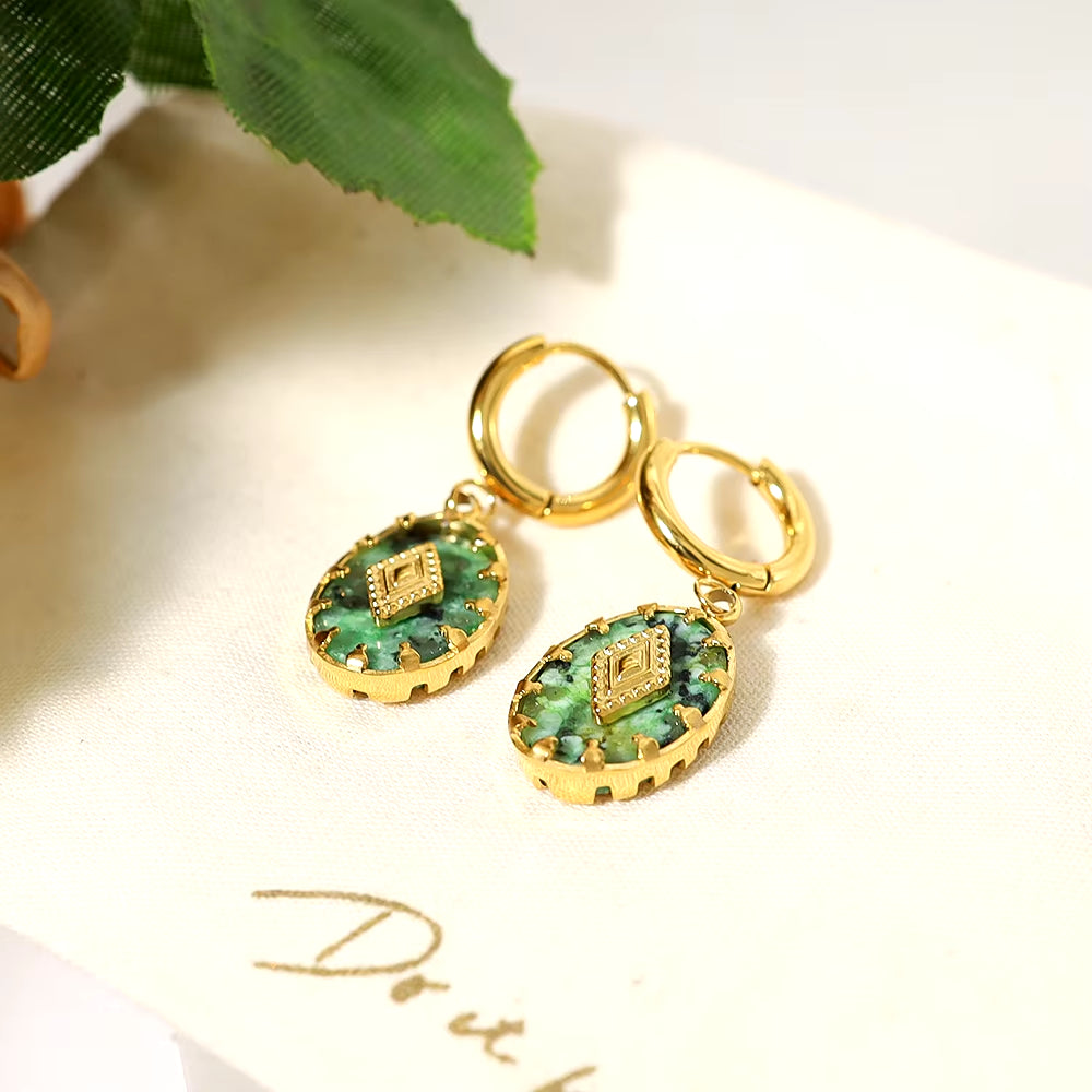 18K Gold Plated Natural Stone Stainless Steel Drop Earrings for Women Green African Turquoise Charm Vintage Jewelry